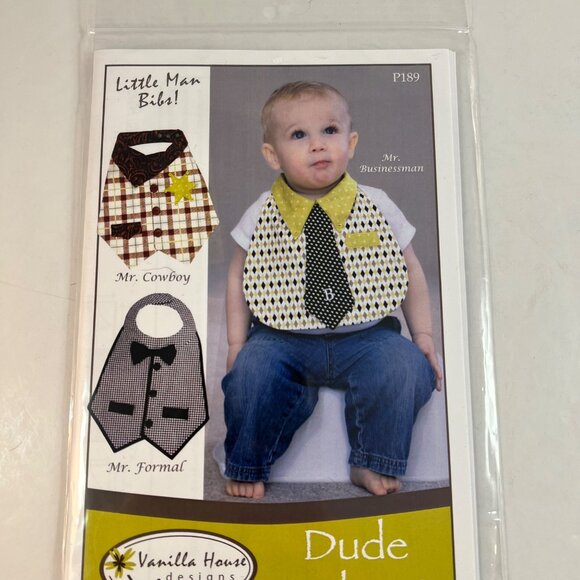 Dude Babies Little Man Bibs Pattern Vanilla House 6-18 Months 3 Versions UNCUT - Picture 2 of 6